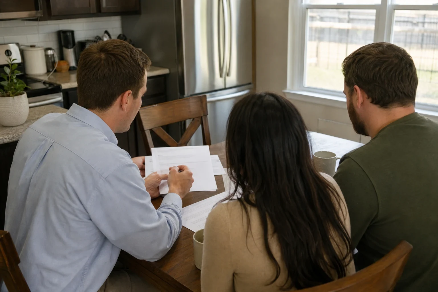 Insurance agent in a light blue shirt reviewing printed papers with a couple at a wooden kitchen table, coffee mugs nearby and a window with daylight behind them