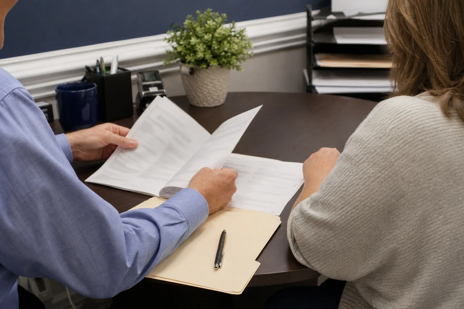 Agent in a blue shirt turns a page of a form while a woman in a gray sweater reads along at a round office table with a folder, pen and potted plant